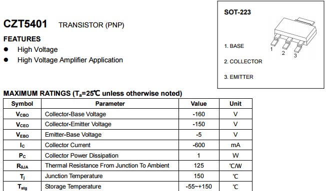 長電CZT5401貼片三極管核心參數表